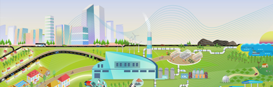 illustration of wte plant with roads and city skyline in background