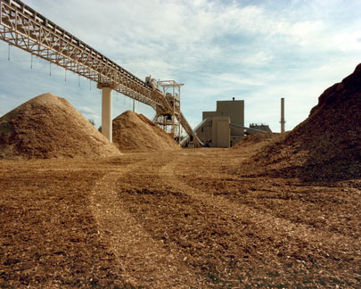Jonesboro plant with trail of wood chips leading to plant Babcock Wilcox pulp paper