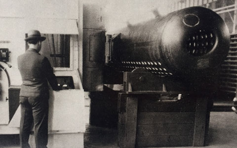 man beside equipment for steam drum fusion welding Babcock Wilcox 1930s
