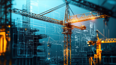 cranes with blueprint in background