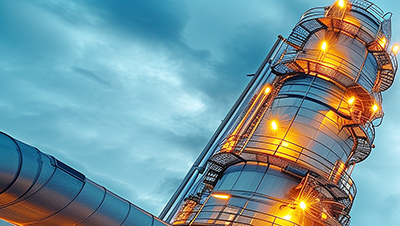 power plant tower with lit up circular staircase