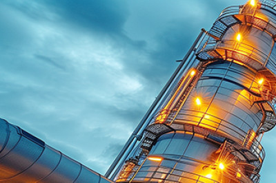 power plant tower with lit up circular staircase