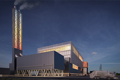 Artist's rendering of a large commercial waste-to-energy power plant set against an evening sky with a trash truck in the foreground