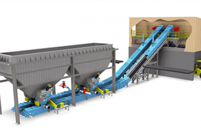 Computer rendering of two rectangular tapered ash hoppers connected to a building by a conveyor system