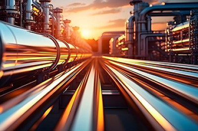 Long, smooth pipes stretching toward the sunset at an industrial plant