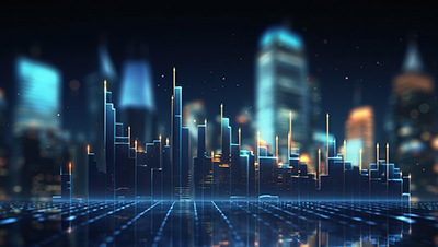 Stylized angular, computer-generated, city skyline