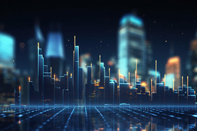 Stylized angular, computer-generated, city skyline