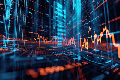 Stylized computer-rendered stock charts and graphs