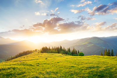 Sunrise over mountains with trees and a meadow in the foreground
