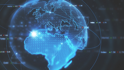 computer-rendering of a globe depicting Africa and Europe encircled by curved lines and numbers