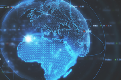 computer-rendering of a globe depicting Africa and Europe encircled by curved lines and numbers