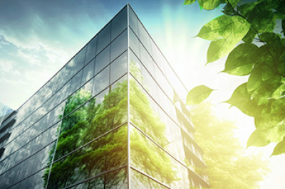 exterior of an office building made entirely of glass windows reflecting trees